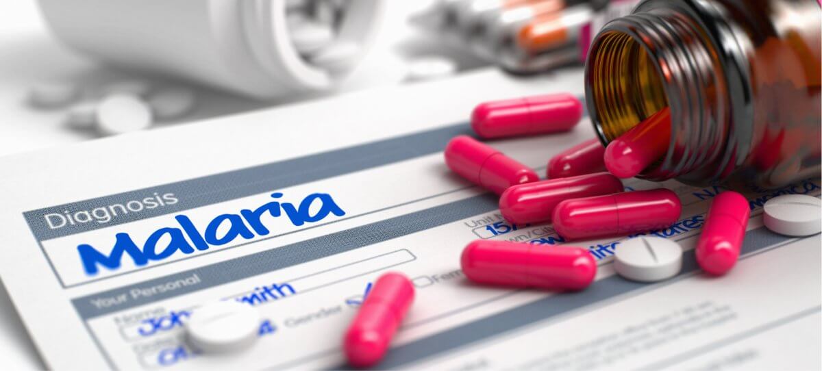 A form with the word "Malaria" appears next to a pills.